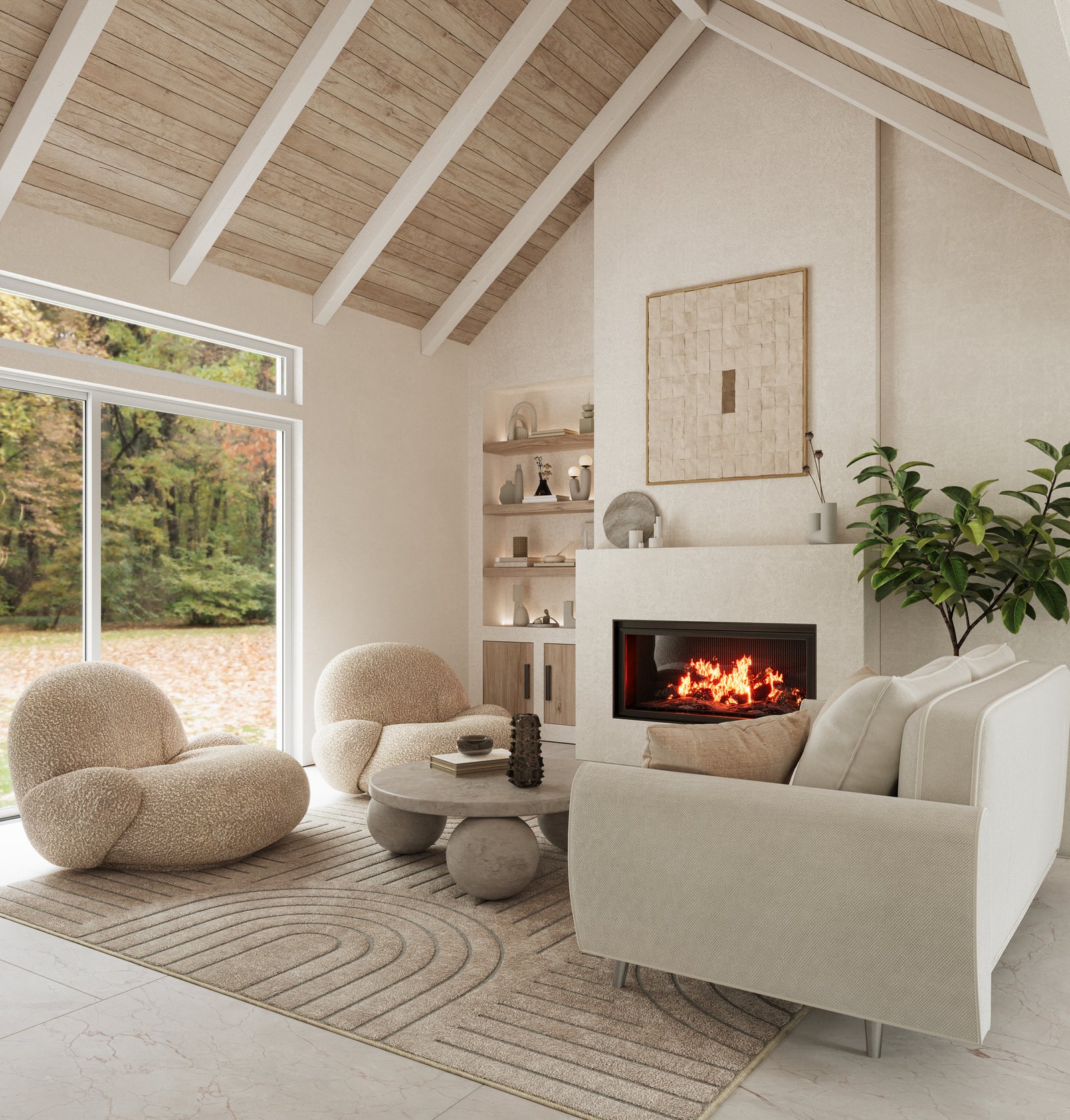 modern living room with fireplace, beautiful furniture and rafter ceiling