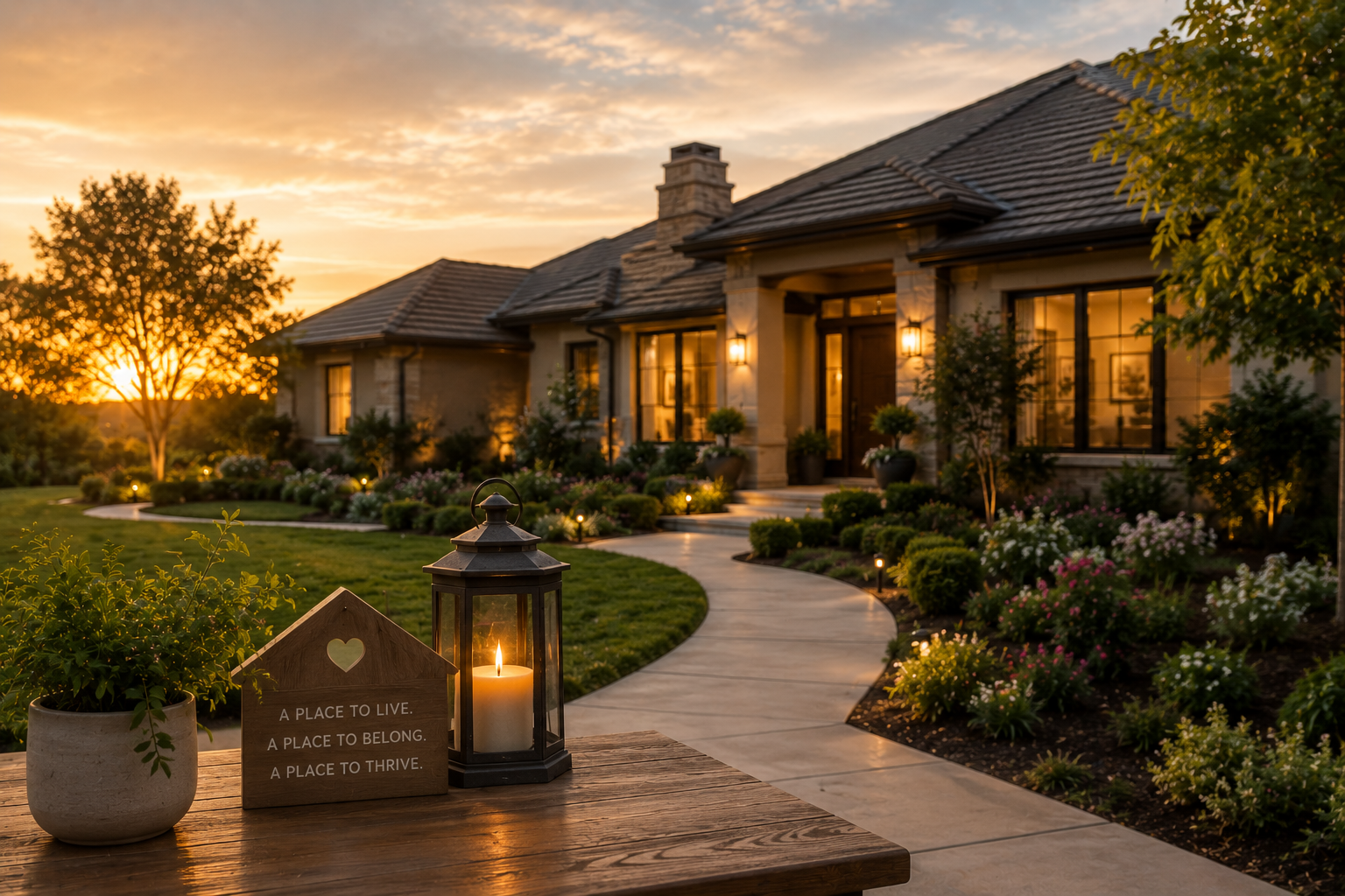 a wamrm suburban welcome at sunset