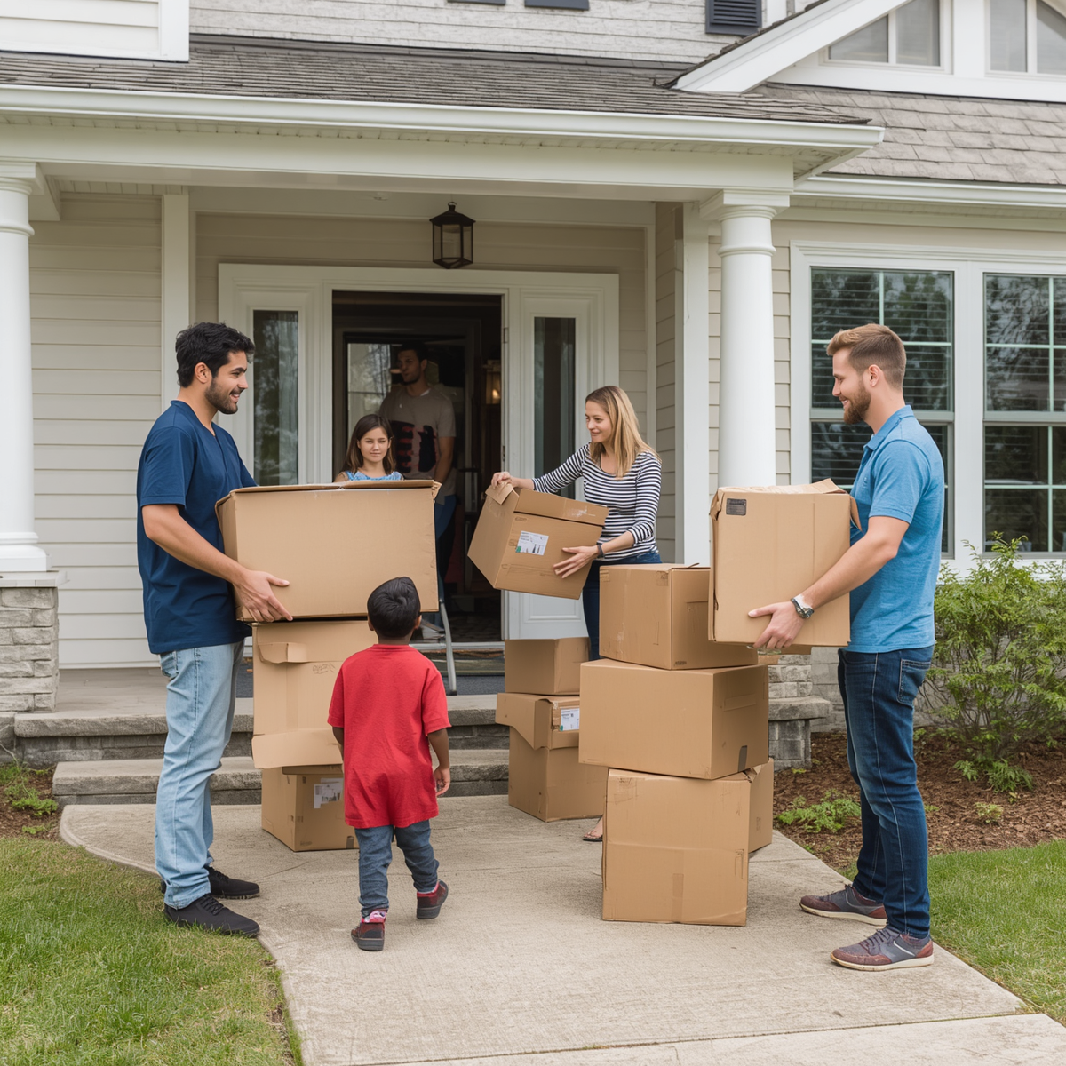people relocating, moving to a new home, family with moving boxes, people packing and unpacking belongings, relocation and moving day scene