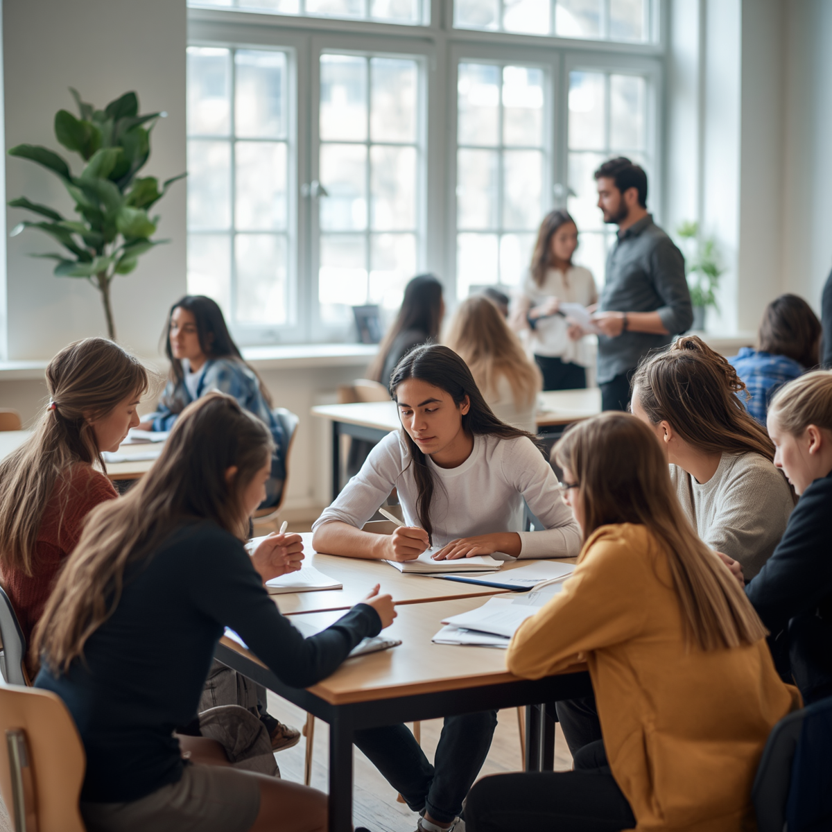 students studying together, young people learning in educational setting, classroom or campus environment