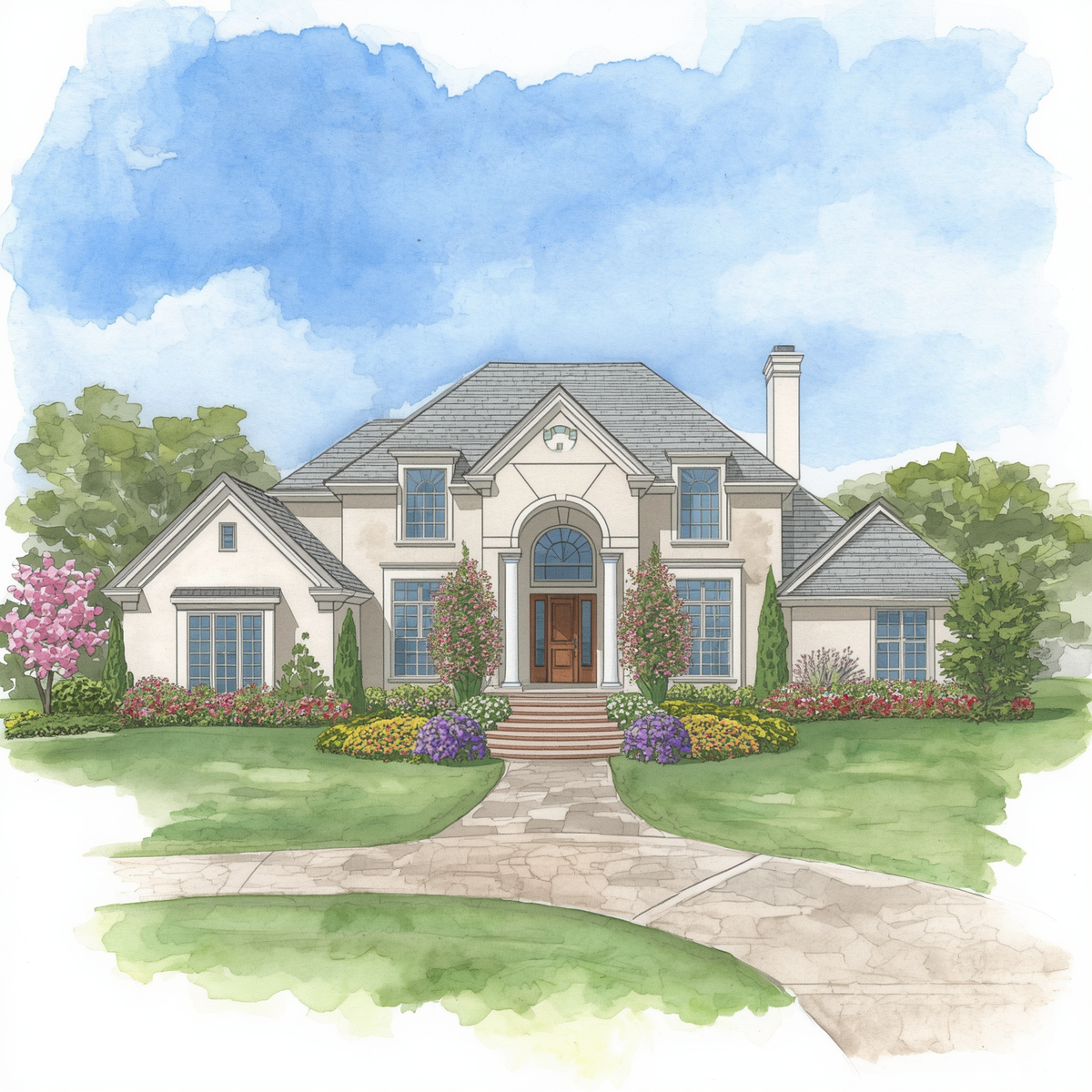 very beautiful home, stunning residential architecture, elegant house exterior, luxurious property with attractive design, gorgeous landscaping, picturesque dream home